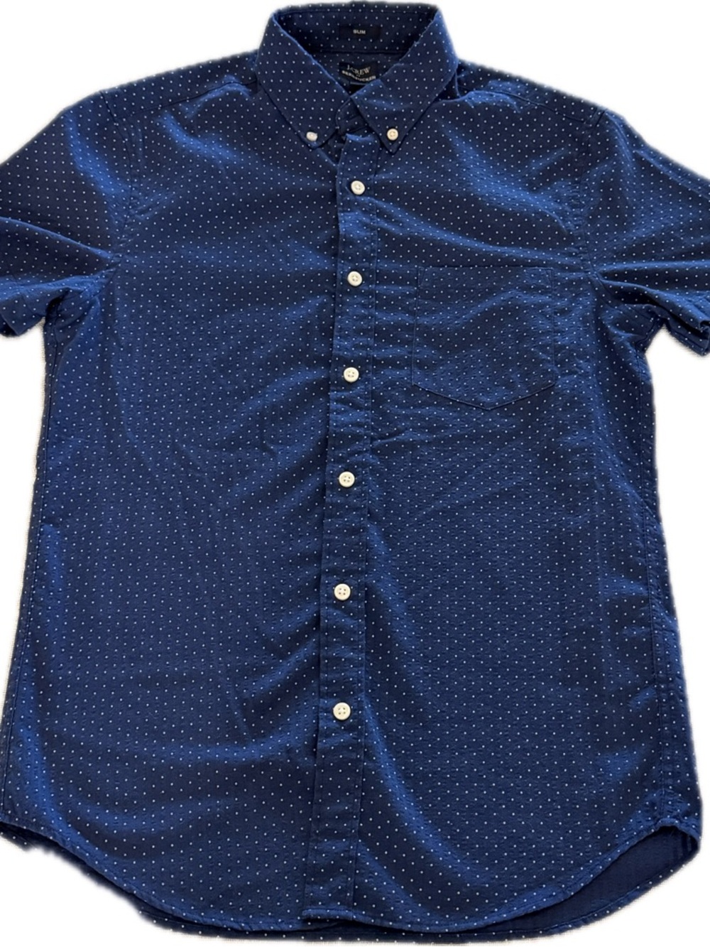 J.Crew Seersucker Shirt Mens Small Blue Polka Dot Slim Fit